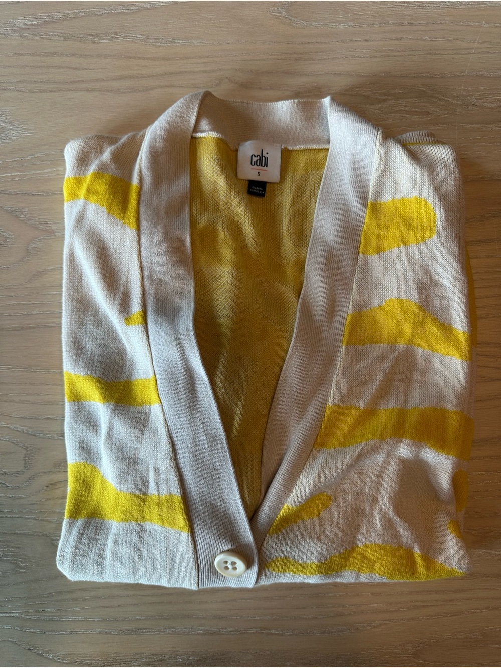 CAbi Cream Cardigan with Yellow Stripe Accents